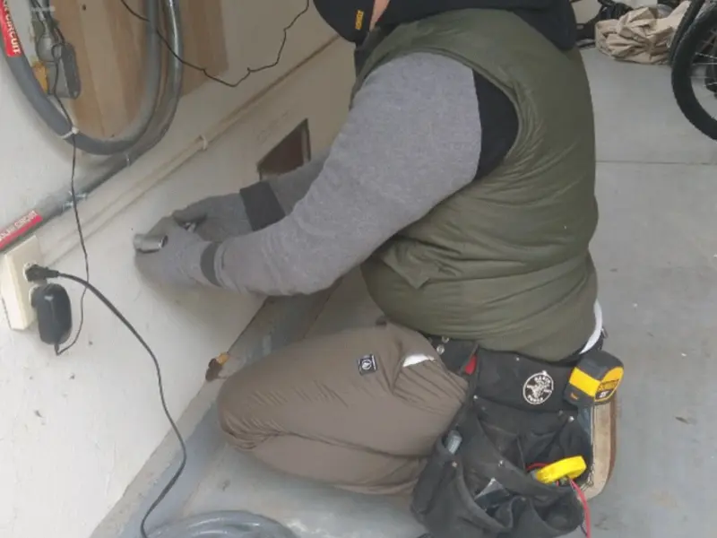 Electrician performing outlet wiring in a Geneva garage